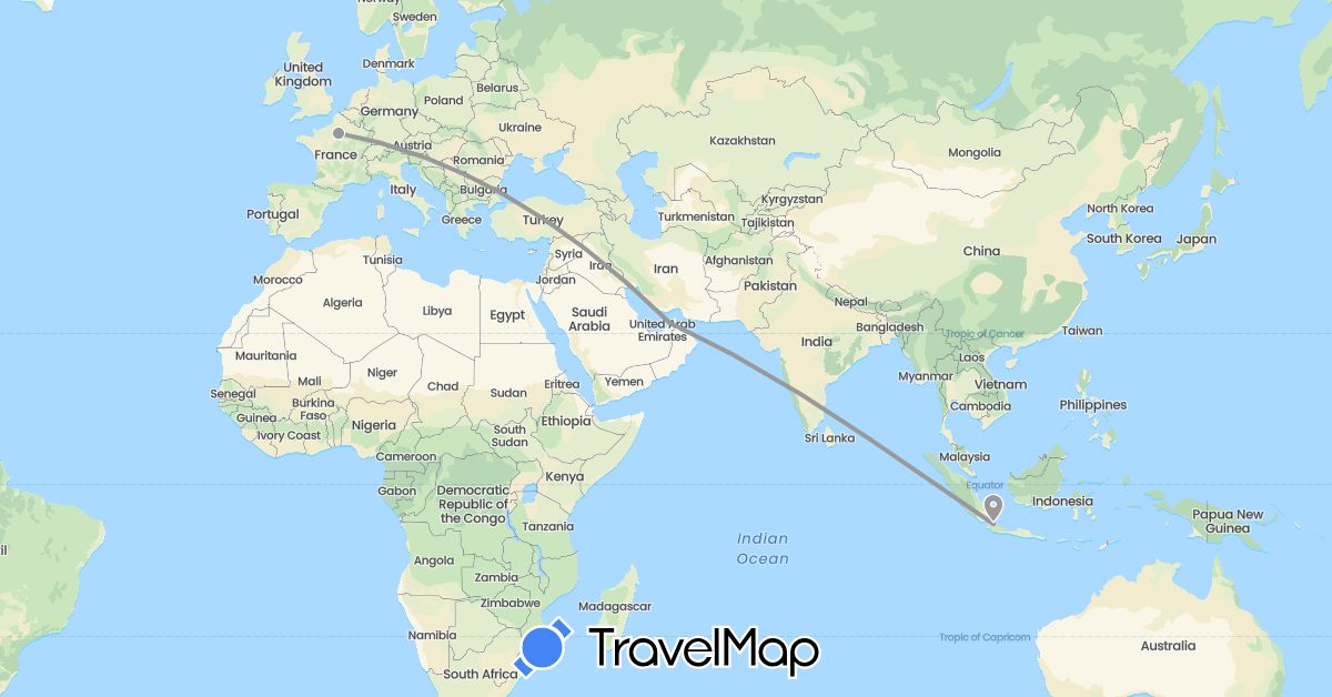 TravelMap itinerary: driving, plane in United Arab Emirates, France, Indonesia (Asia, Europe)